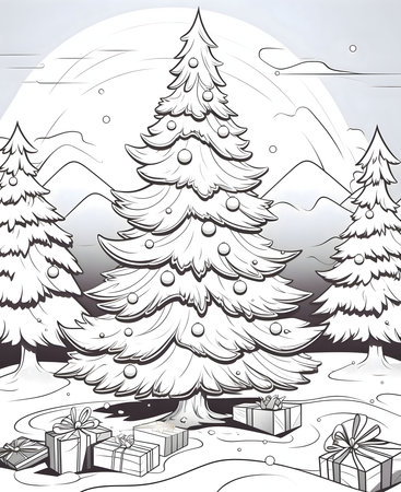 Three Christmas trees and presents. Black and white card with coloring book.Christmas banner with space for your own content. Blank field for the inscription.の写真素材