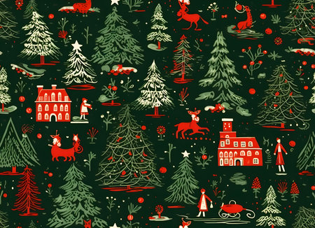 Elegant and modern. Christmas trees and people as abstract background, wallpaper, banner, texture design with pattern - vector. Dark colors.の写真素材