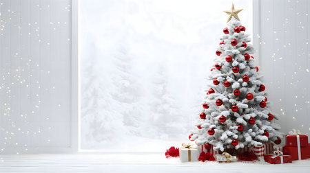 White Christmas tree with red Bombes and Gifts on the right side view with white background. Effect of falling snow.Christmas banner with space for your own content. Blank field for the inscription.の写真素材