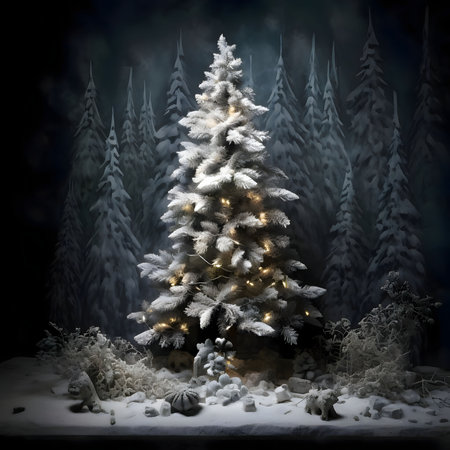 Christmas tree with lights, winter scenery. Xmas tree as a symbol of Christmas of the birth of the Savior. A time of joy and celebration.の写真素材