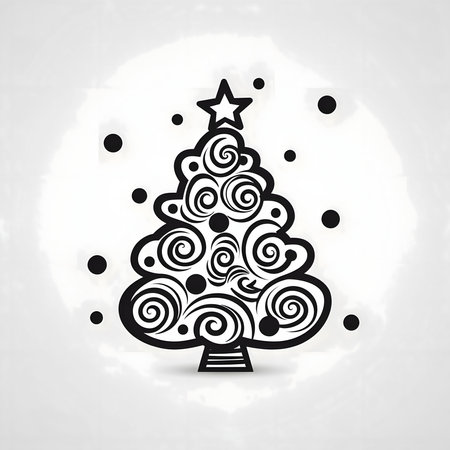 Abstract Christmas tree with baubles and stars. Black and white coloring sheet. Xmas tree as a symbol of Christmas of the birth of the Savior. A time of joy and celebration.の写真素材