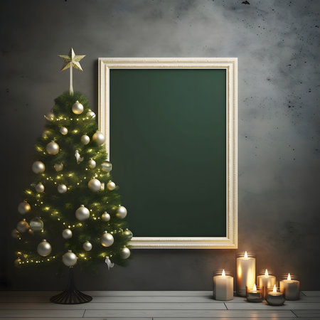 A blank field, a board, a frame, candles all around and a tiny Christmas tree, a place for your own content. A time of joy and celebration.の写真素材