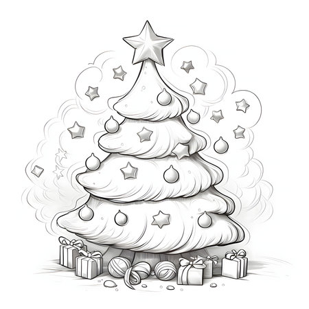Simple Christmas tree with baubles and gifts. Black and white coloring sheet. Xmas tree as a symbol of Christmas of the birth of the Savior. A time of joy and celebration.の写真素材
