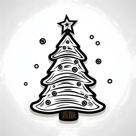 A simple Christmas tree with baubles and a star. Black and white coloring sheet. Xmas tree as a symbol of Christmas of the birth of the Savior. A time of joy and celebration.の写真素材