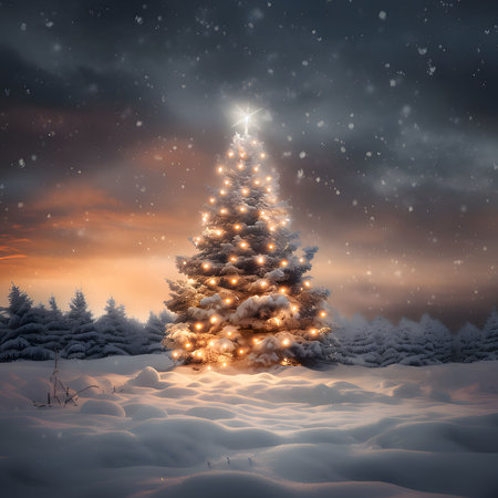 Illustration. Christmas tree covered with snow with colorful lights. Sunrise. Xmas tree as a symbol of Christmas of the birth of the Savior. A time of joy and celebration.の写真素材
