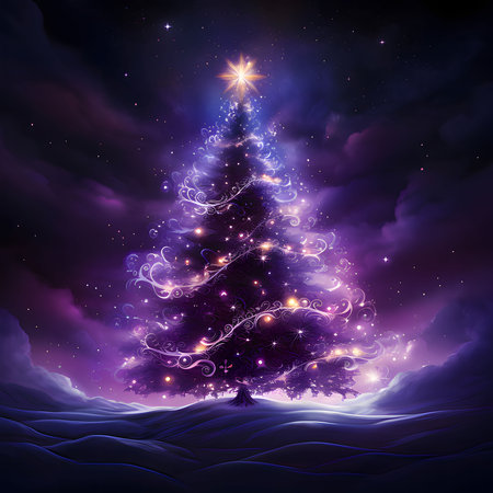 Purple pink Christmas tree at night against the clouds of the sky. Illustration. Xmas tree as a symbol of Christmas of the birth of the Savior. A time of joy and celebration.の写真素材