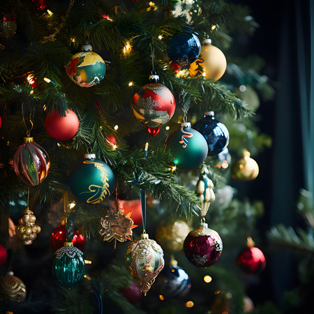 Decorated colorful baubles on a Christmas tree up close. Xmas tree as a symbol of Christmas of the birth of the Savior. A time of joy and celebration.の写真素材