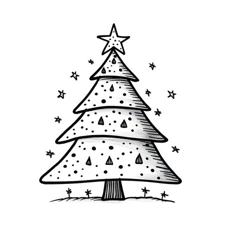 A simple Christmas tree with a star. Black and white coloring sheet. Xmas tree as a symbol of Christmas of the birth of the Savior. A time of joy and celebration.の写真素材