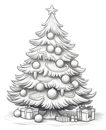 Christmas tree with baubles, gifts, star. Black and white coloring sheet. Xmas tree as a symbol of Christmas of the birth of the Savior. A time of joy and celebration.の写真素材