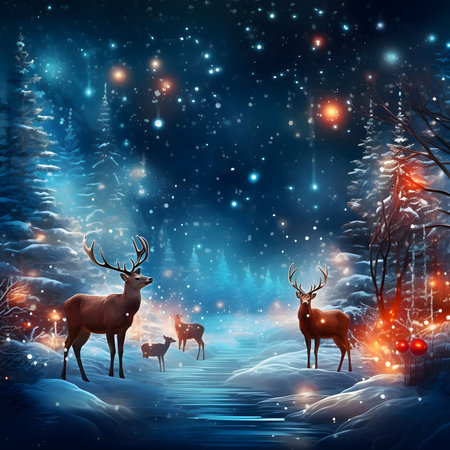 A lone deer in a snow-covered forest at night, illustration. Xmas tree as a symbol of Christmas of the birth of the Savior. A time of joy and celebration.の素材