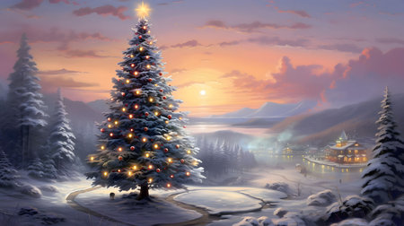 Winter landscape with pine trees and Christmas tree with lights at sunrise or sunset.Christmas banner with space for your own content. Blank field for the inscription.の素材