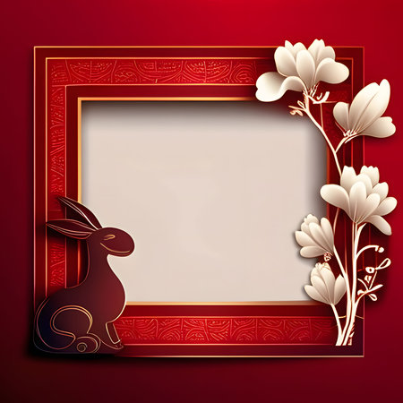 Chinese New Year frame in the middle, space for your own content. Red colors and decorations. Bunny in the side. A time of celebration and resolutions.の写真素材