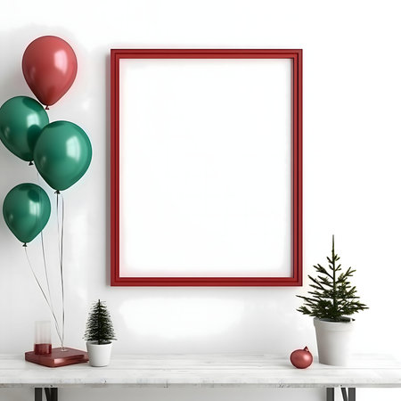 White blank card frame on the wall. Around it balloons and tiny Christmas trees in pots. A time of...