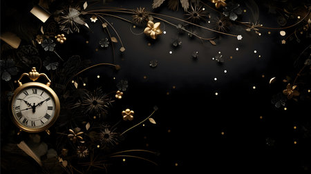 Gold Pointed Clock around with flower decoration., banner with space for your own content. Dark...