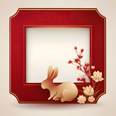 Chinese New Year frame in the middle, space for your own content. Red colors and decorations. Bunny in the side. A time of celebration and resolutions.の写真素材