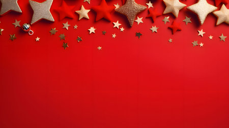 Red and silver stars at the top of the page.Christmas red background, banner with space for your own...