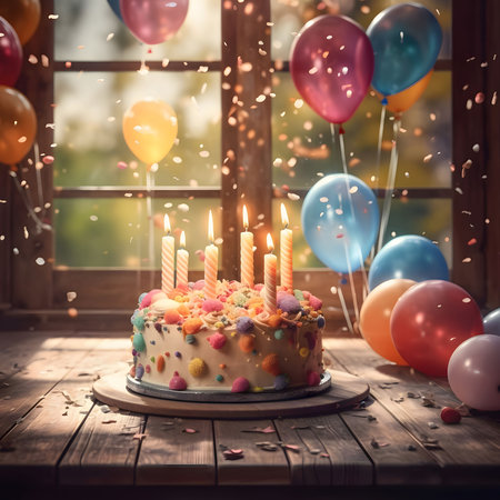Cake with candles on a wooden table top, colorful confetti and balloons all around, window in the background. New Year's parties and celebrations. A time of celebration and resolutions.の写真素材