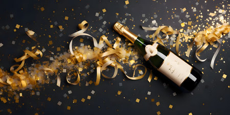 Champagne bottle lying on streamers and golden confetti, top view. New Year's parties and celebrations. A time of celebration and resolutions.の写真素材