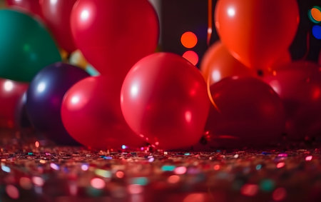 Colorful balloons and confetti, side view.New Year's Eve dark background, banner with space for your own content. Blank space for the inscription.の写真素材