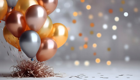 Colorful balloons and streamers around confetti. New Year's Eve gray background, banner with space for your own content. Blank space for the inscription.の写真素材