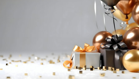 Gold balloons and gifts with bows around confetti. New Year's Eve gray background, banner with space for your own content. Blank space for the inscription.の写真素材