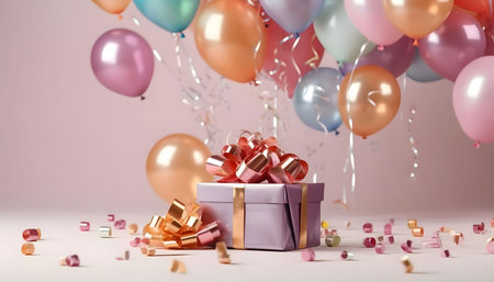 Colorful balloons and bows with gifts, around confetti. New Year's Eve gray background, banner with space for your own content. Blank space for the inscription.の写真素材