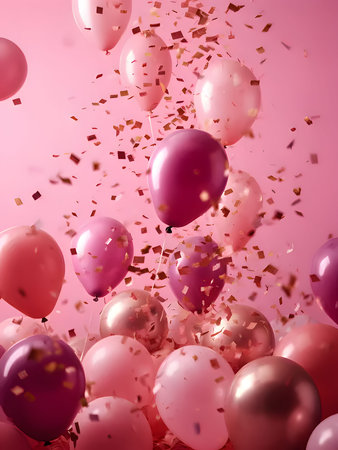Colorful; pink, red, white balloons and confetti. New Year's parties and celebrations. A time of celebration and resolutions.の写真素材