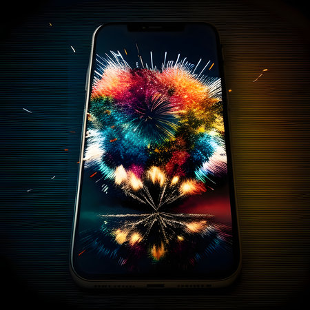 Black smartphone screen and shots of colorful fireworks. New Year's fun and festivities. A time of...