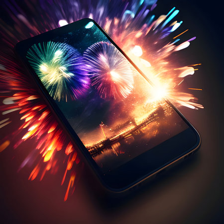 Black smartphone screen and shots of colorful fireworks. New Year's fun and festivities. A time of celebration and resolutions.の写真素材