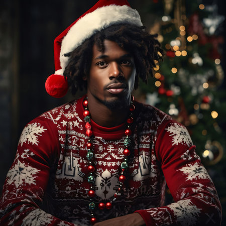A black man in a red and white sweater wearing a Santa hat, with a Christmas tree in the background. Celebrating Black History Month! African-American History Month!の素材