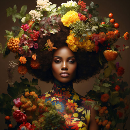 Black woman adorned with colorful flowers with flowers in afro hair. Celebrating Black History Month! African-American History Month!の素材