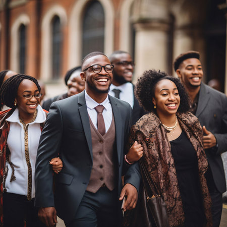 Holding each other under their arms, black people smiling walking through the city streets in elegant attire. Celebrating Black History Month! African-American History Month!の素材