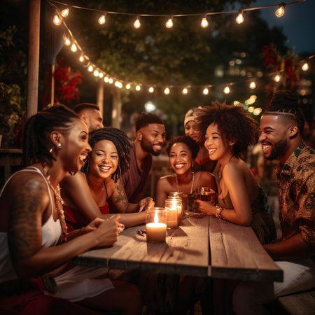 Happy group of friends, black people at a wooden table burning candles around lanterns. Celebrating Black History Month! African-American History Month!の素材