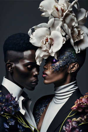 Black couple woman and man with flowers close to kiss. Celebrating Black History Month! African-American History Month!の素材
