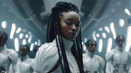 Black woman with dreadlocks In white armor on an airship. Celebrating Black History Month! African-American History Month!の素材