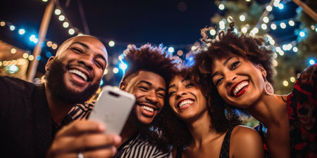 A happy, smiling group of friends doing sylva at an amusement park, black people. Celebrating Black History Month! African-American History Month!の素材