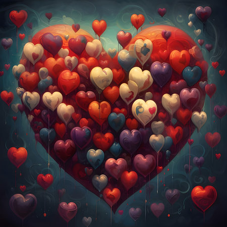 Tiny colored hearts forming one big red heart on a dark background. Heart as a symbol of affection...