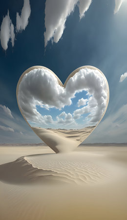 Heart with clouds sand, in the middle of the desert. Heart as a symbol of affection and love. The time of falling in love and love.の写真素材