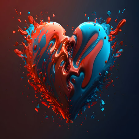 Red and blue heart made of paint on a dark background. Heart as a symbol of affection and love. The time of falling in love and love.の写真素材