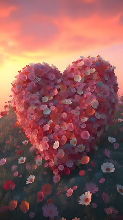 Heart formed from colorful pink white red flowers in the meadow. Heart as a symbol of affection and...