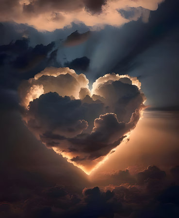 A heart formed in the sky with dark storm clouds and a shining sun at Sunset. Heart as a symbol of...