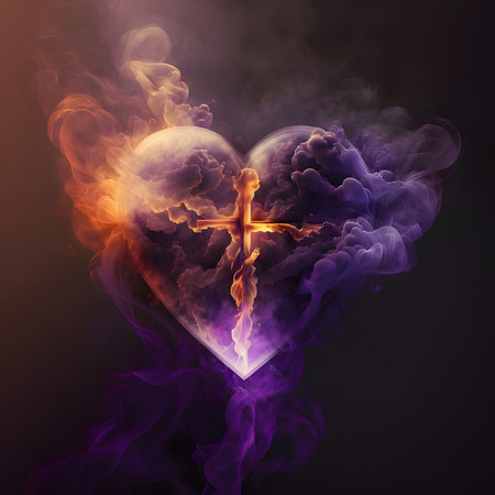 Heart formed from colored steam, smoke in the middle of a bright Cross. Heart as a symbol of affection and love. The time of falling in love and love.の写真素材