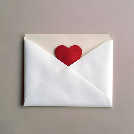 White envelope with a red heart in the middle. Heart as a symbol of affection and love. The time of...