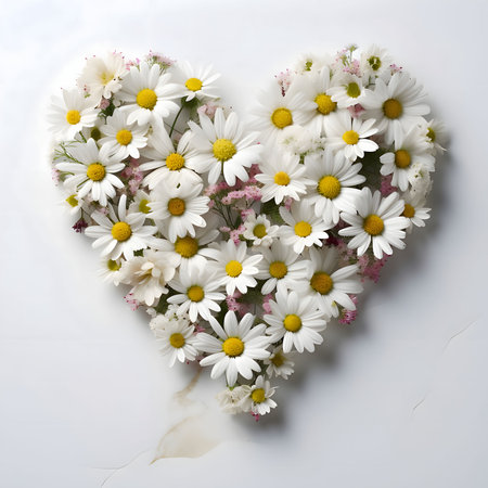 Heart arranged with white daisy flowers. Heart as a symbol of affection and love. The time of falling in love and love.の写真素材