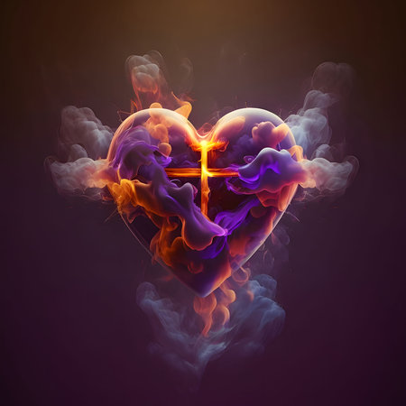 Heart formed from colored steam, smoke in the middle of a bright Cross. Heart as a symbol of affection and love. The time of falling in love and love.の写真素材