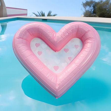 A pink heart-shaped mattress in a backyard pool. Heart as a symbol of affection and love. The time of falling in love and love.の写真素材