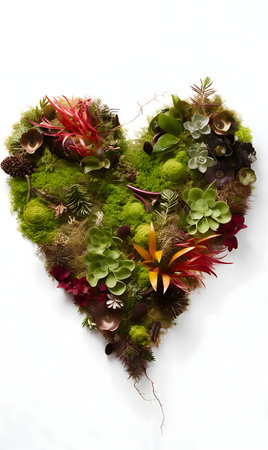 Heart with green plants on a white isolated background. Heart as a symbol of affection and love. The time of falling in love and love.の写真素材