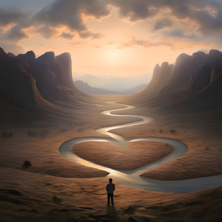 Silhouette of a man in the middle of a desert mountainous land, a river, a stream forming a heart....