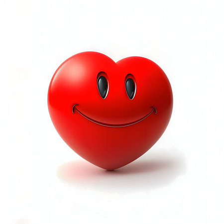 Red heart with black eyes and a big smile, white isolated background. Heart as a symbol of affection and love. The time of falling in love and love.の写真素材