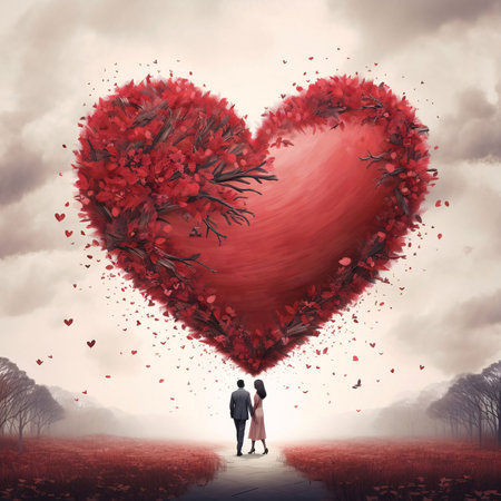 A couple in love around a field of roses, a big red heart in the middle. Heart as a symbol of affection and love. The time of falling in love and love.の写真素材